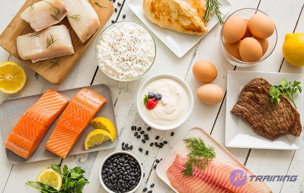 lean protein food: egg, yogurt, salmon, beef
