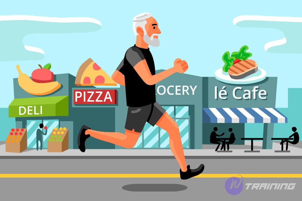 a man is running with foods - illustrator image for running nutrion