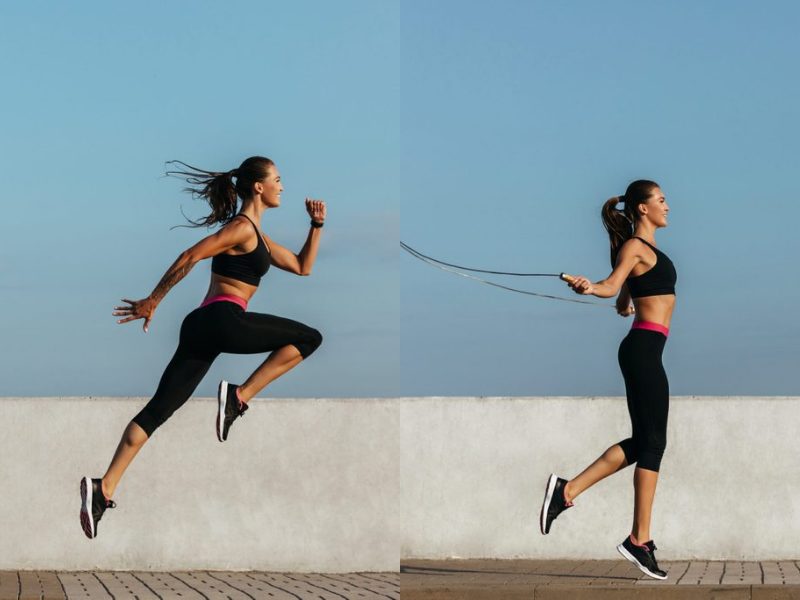 a girl runs and jumps rope